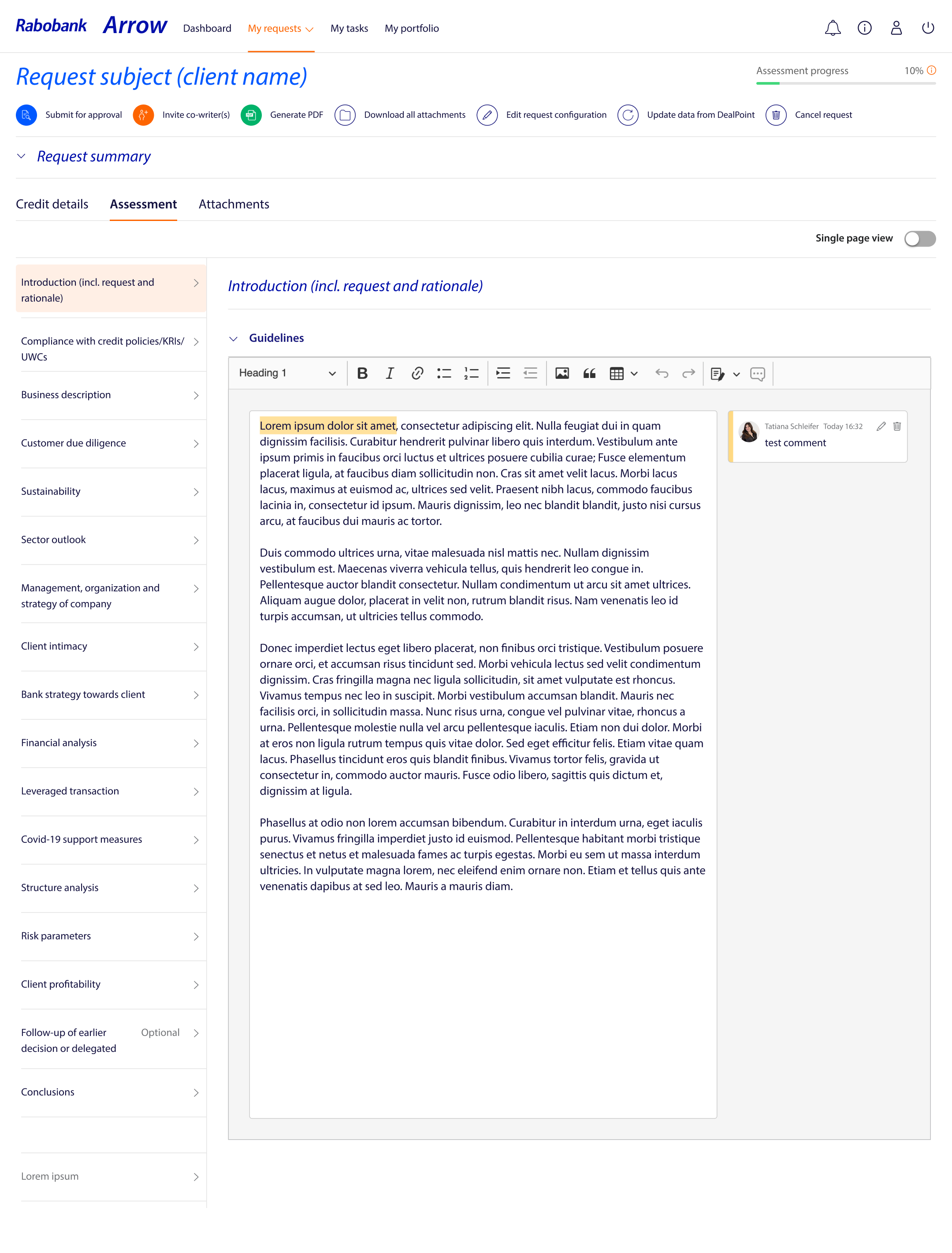Credit Analysts would write out a qualitative report on their Request. This functionality was built using CKEditor.