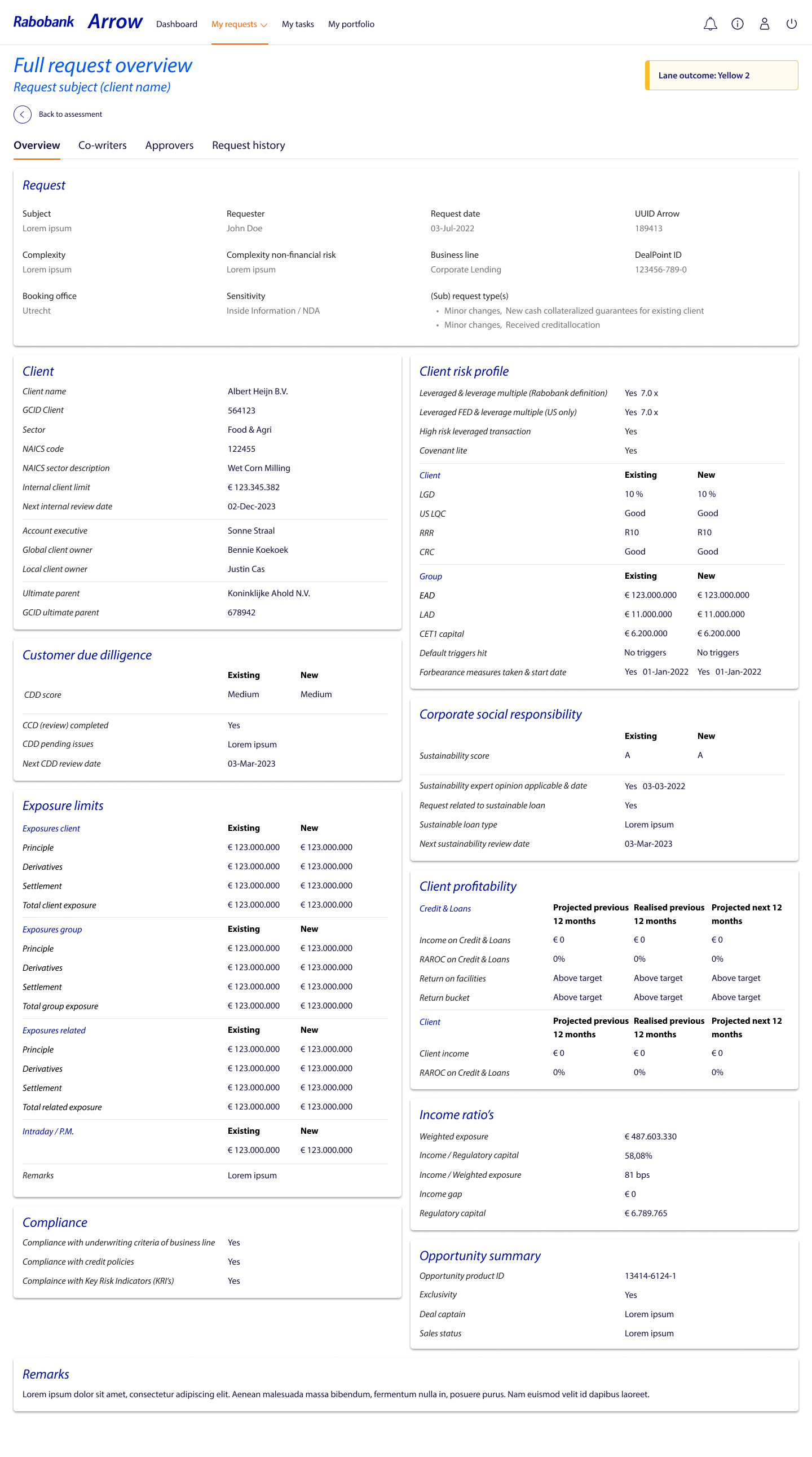 A screen showing the financial data of a Request. This data would be partly filled in by Users and partly automatically retrieved from other systems within the Bank.